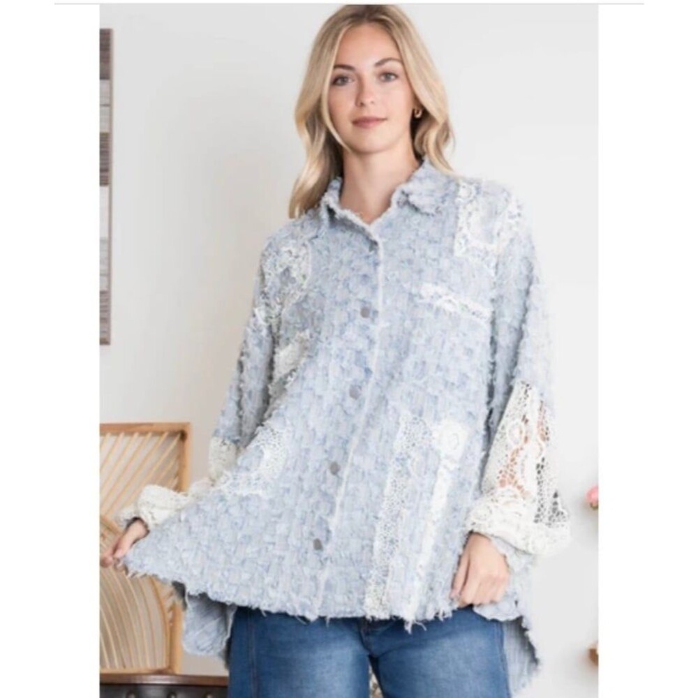 Bluevelvet shacket BLUE VELVET button down shirt tweed lace blue 100% cotton NEW - Picture 2 of 11